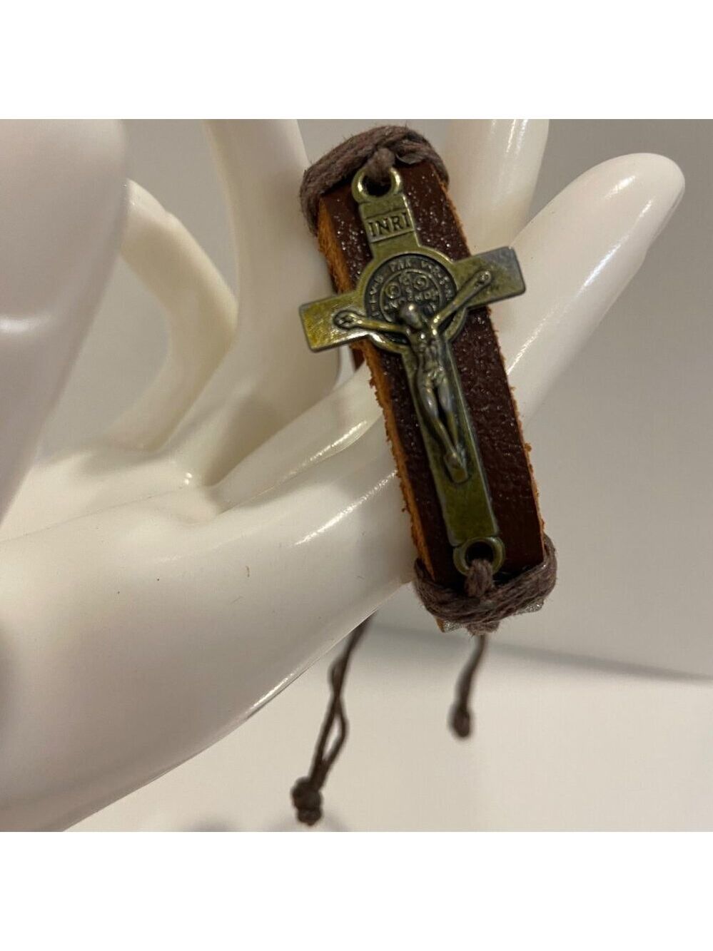 Brown Leather Christian Crucifix Bracelet With Adjustable Cord & Cross Char
